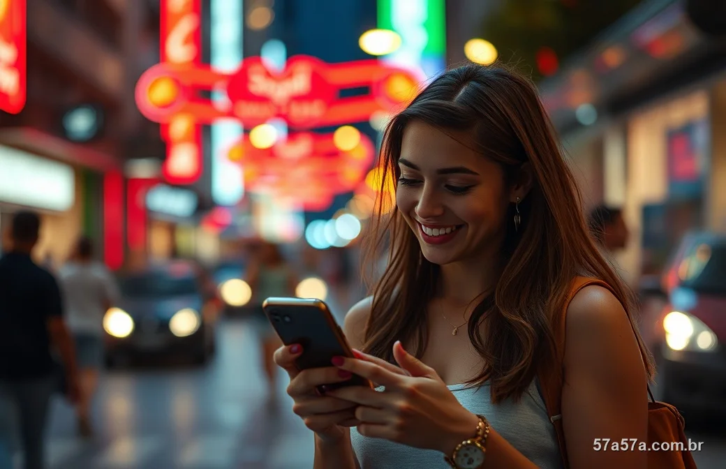 Jovem brasileira na rua à noite com luzes vermelhas e douradas olhando o celular