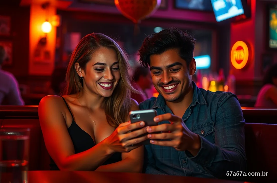 Dois amigos brasileiros num bar à noite, um mostrando o 57A no celular para o outro