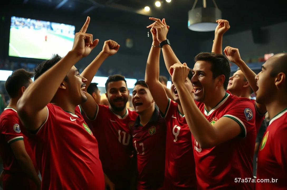 Torcedores brasileiros de camisa vermelha comemorando um gol num bar esportivo