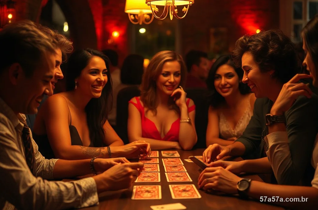 Pessoas elegantes jogando cartas numa mesa à noite com luz vermelha e dourada