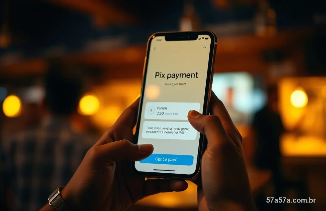Mãos segurando o celular com a confirmação de um pagamento por PIX à noite