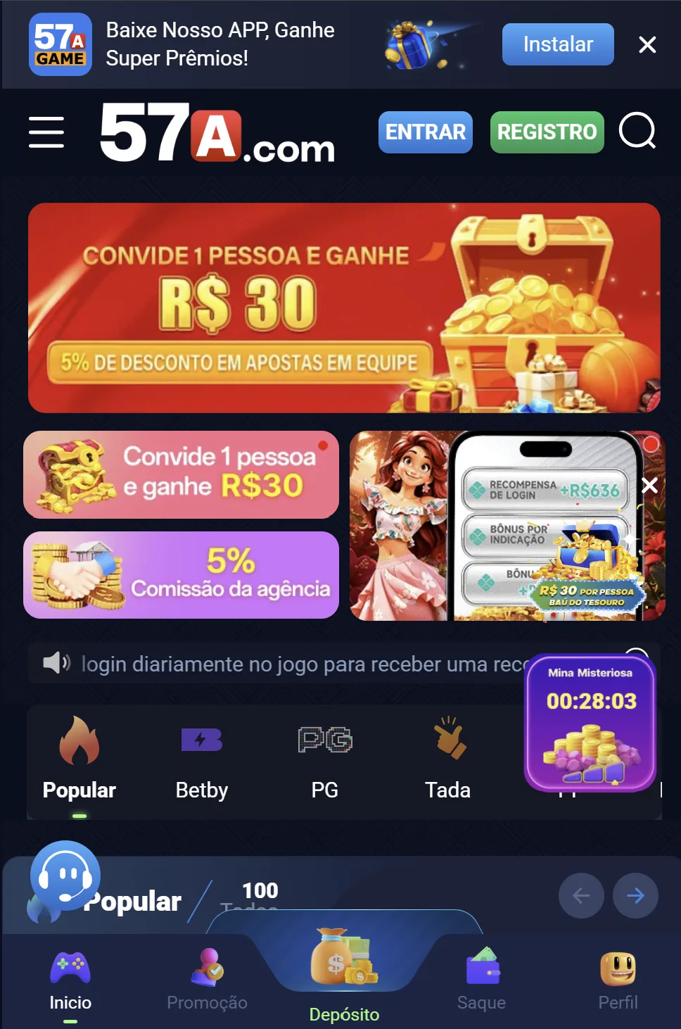 Tela inicial do app oficial 57A.com com o Convide R$30