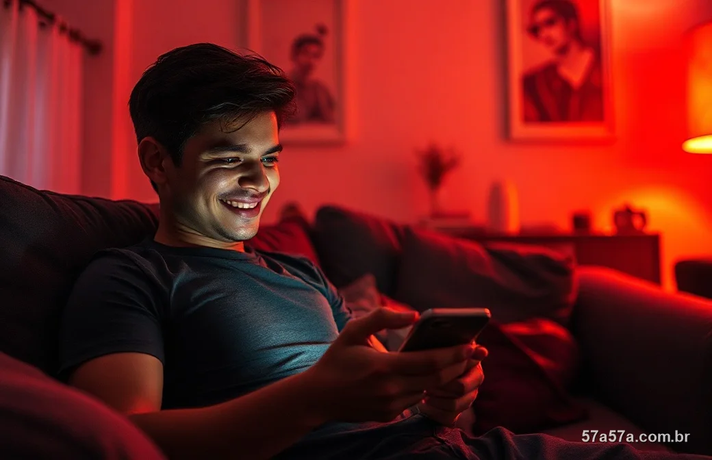 Jovem brasileiro jogando caça-níquel no celular no sofá à noite com luz avermelhada